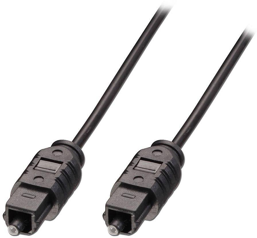 Twee zwarte optische audiokabels met TOSLINK-connectoren aan beide uiteinden; ideaal voor digitale audioverbindingen.