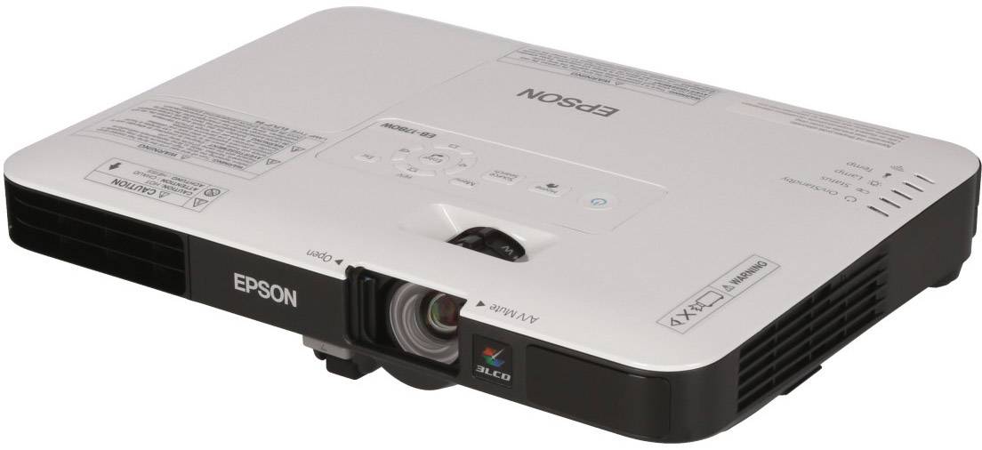 Een platte, witte projector van het merk Epson, modelaanduiding 'PowerLite', met de nadruk op draagbaarheid en gebruiksgemak.