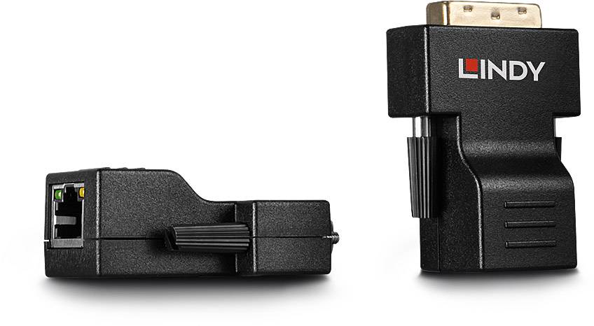 'Twee zwarte elektronische adapters: Links een adapter met RJ-45-poort, rechts een HDMI-stekker met het merknaam LINDY.'