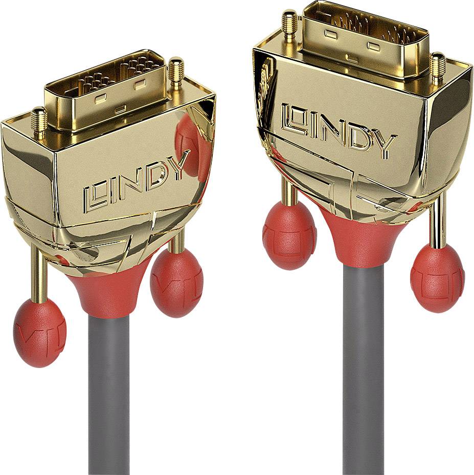 'Twee vergulde stekkers met het opschrift LINDY en grijze kabels, geschikt voor hoogwaardige videoverbindingen.'
