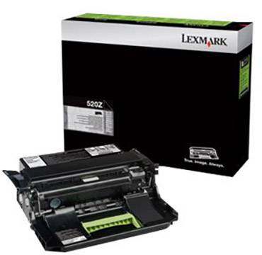 Lexmark tonercartridge 520Z en verpakking. Cartridge is geopend, toont interne componenten. Verpakking donker met Lexmark-logo rechtsboven.