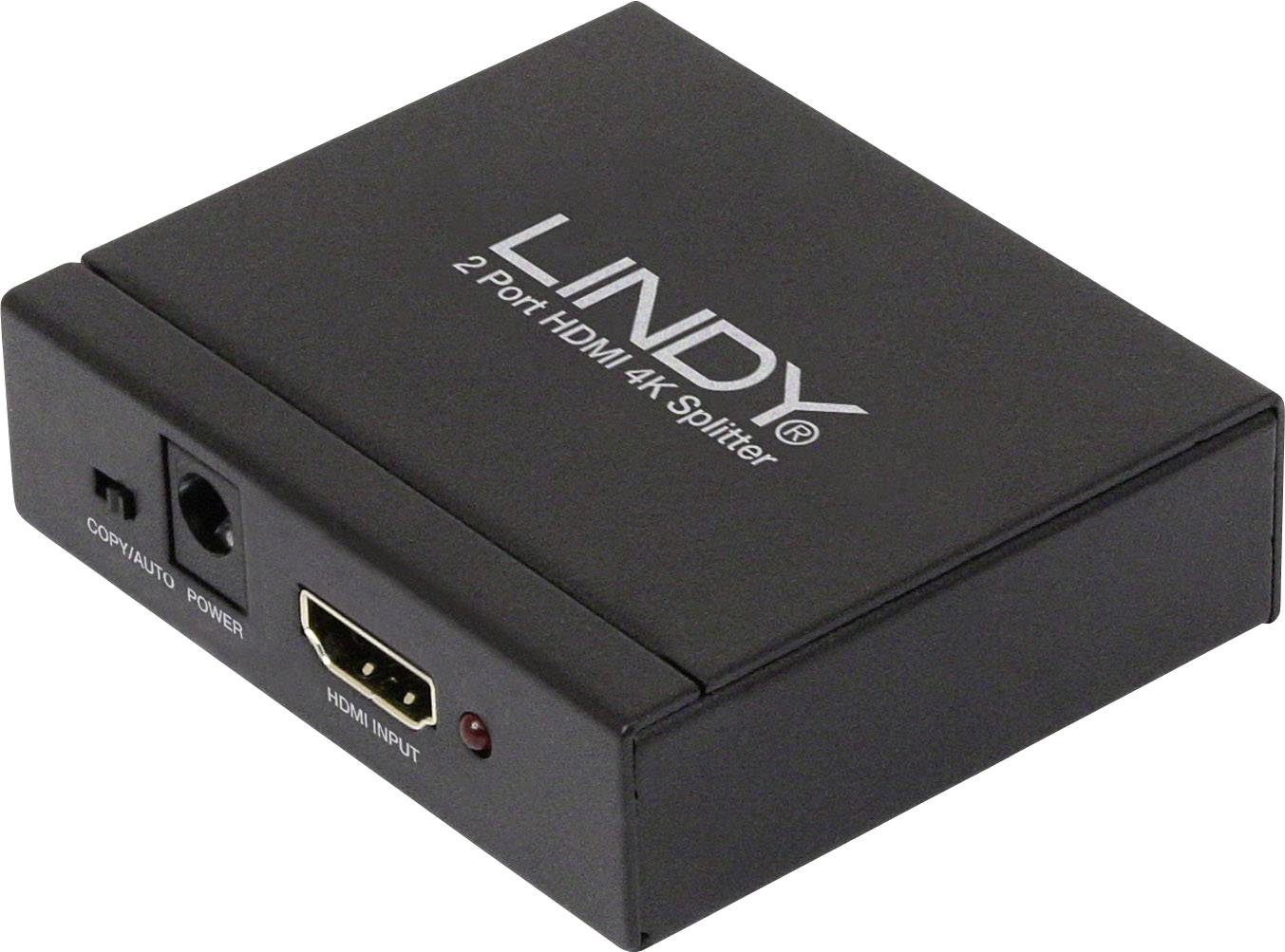 Een zwarte 2-poorts HDMI 4K-splitter van het merk 'Lindy'. Naast de HDMI-ingang bevinden zich een aan/uit-schakelaar en een klein rood lampje.
