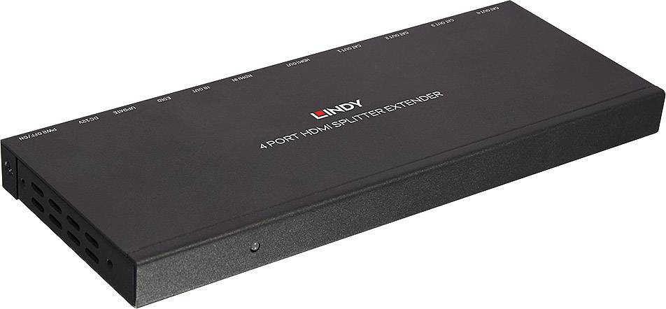 Zwarte HDMI-verdeler met vier poorten, gemarkeerd als '4 Poorts HDMI Splitter Extender'. Plat, rechthoekig ontwerp met gemarkeerde aansluitingen.