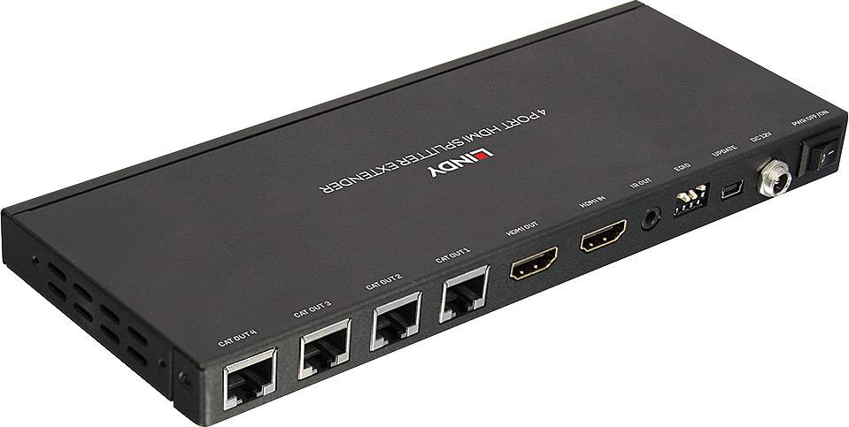 Een zwarte HDMI-splitter met acht poorten, waaronder HDMI- en netwerkpoorten. Geschikt voor het distribueren van signalen naar meerdere apparaten.
