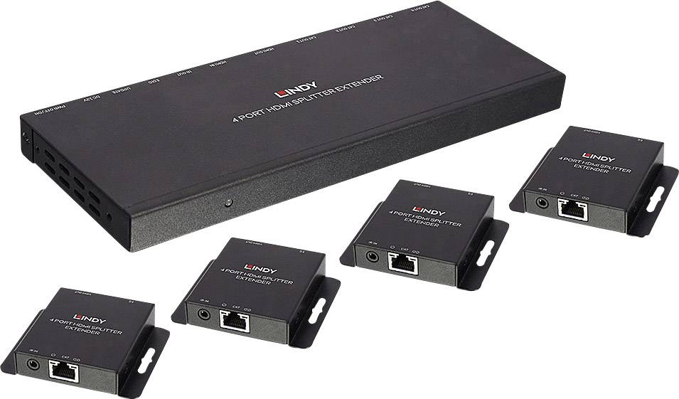 Een HDMI-splitter met vier poorten en meerdere ontvangende apparaten. Wordt gebruikt voor het distribueren van het HDMI-signaal naar verschillende monitors.