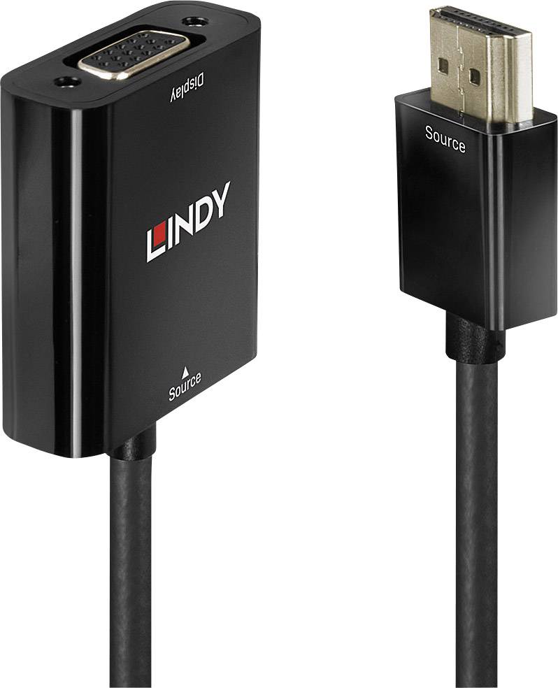 Een zwarte adapter met een HDMI-stekker aan de ene kant en een VGA-aansluiting aan de andere kant. Voorzien van de labels 'Display' en 'Source'.