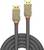 Een zwart DisplayPort-kabel met gouden aansluitingen en een rode details. 'LINDY' markering op de aansluitingen.
