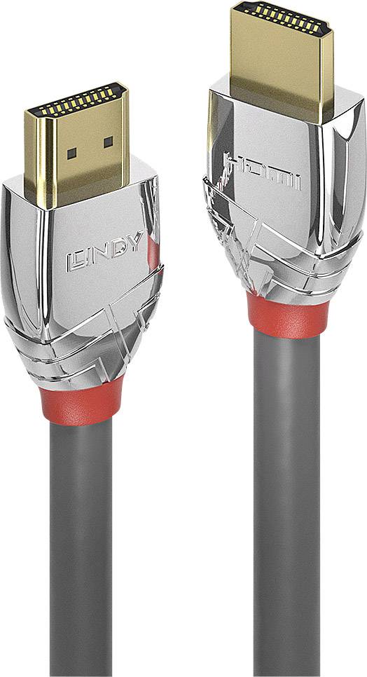 Een HDMI-kabel met metalen connectoren en een rode accentstreep op een zwart kabel. Merkopdruk op de connector. Geschikt voor audio- en videoverbindingen.
