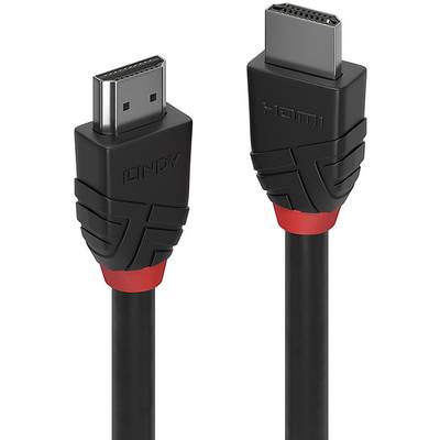 HDMI-kabel van het merk 'LINDY', zwarte stekker, rode ring, voor het verbinden van video- en audioapparatuur.