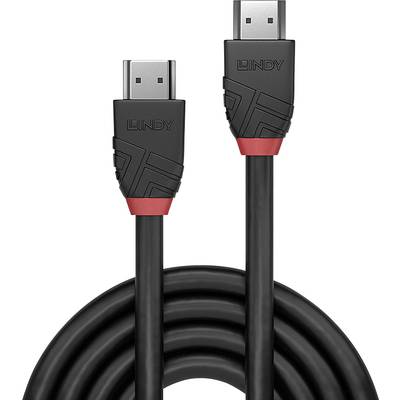 Een zwarte HDMI-kabel met rode accenten op de aansluitingen, geschikt voor het verbinden van audio- en videoapparatuur.