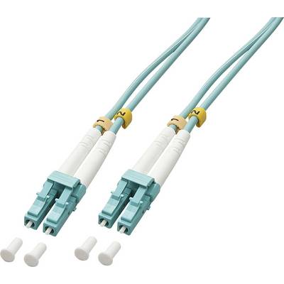 Een paar turquoise glasvezelkabels met witte aansluitstekkers en beschermdoppen, gebruikt voor high-speed gegevensoverdracht.