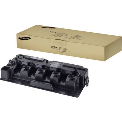 Een zwarte Samsung tonercartridge-afvalbak, modelnummer W809, voor zijn beige-gele verpakking.