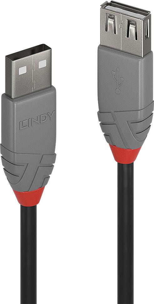 Twee grijze USB-A-stekkers met rode accenten aan een zwart kabel.