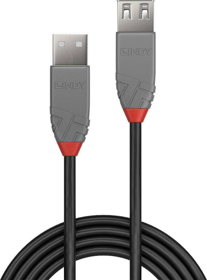 USB-A-kabel met twee aansluitingen aan beide uiteinden, grijs behuizing met rode accenten, geschikt voor gegevensoverdracht en stroomvoorziening.