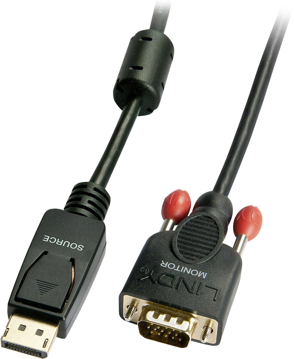 Twee kabelaansluitingen: Links een DisplayPort met de aanduiding 'SOURCE', rechts een VGA-aansluiting met de aanduiding 'MONITOR'.