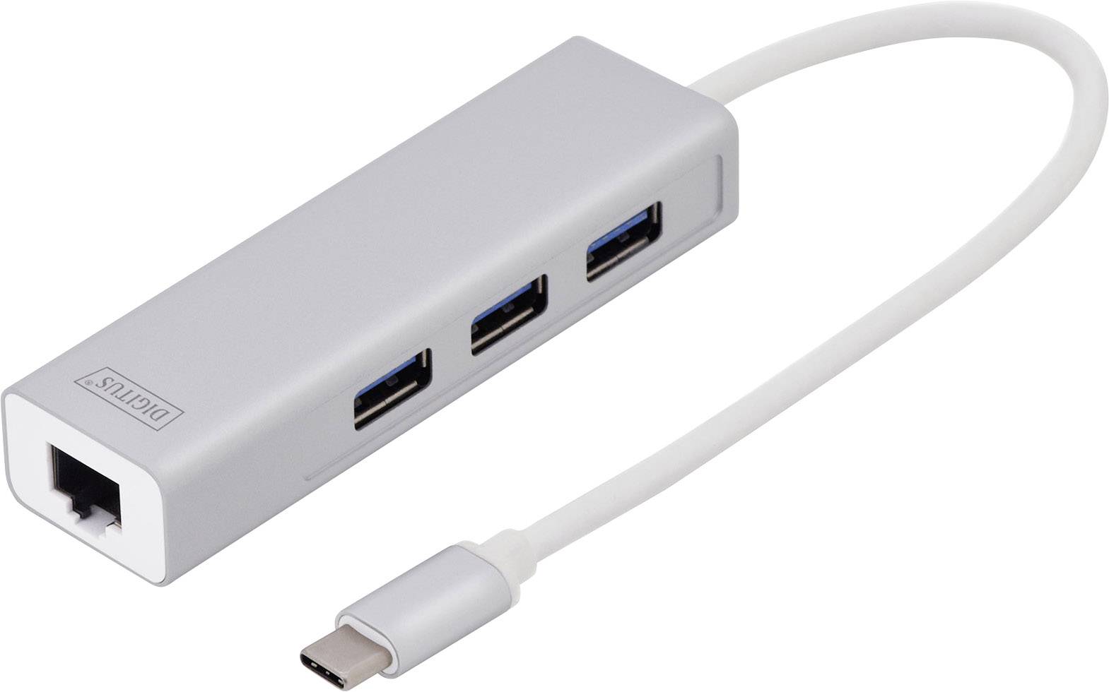 Een USB-C-hub met een Ethernet-poort, drie USB-poorten en een kort kabel. Ideaal voor het uitbreiden van apparaataansluitingen.