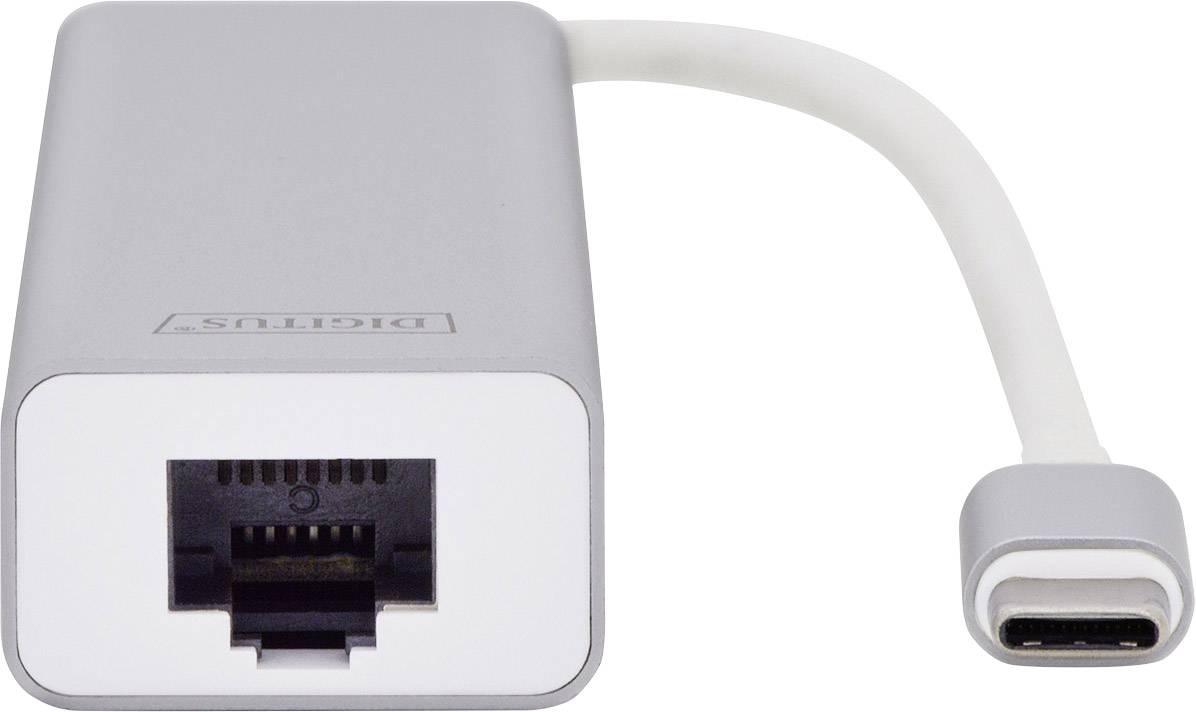 Een zilveren USB-C-naar-Ethernet-adapter met een kabel die aan beide zijden aansluitingen toont: een Ethernet-poort en een USB-C-stekker.