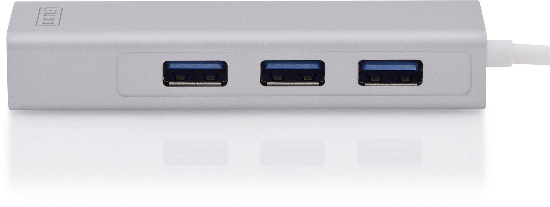 Zilveren USB-hub met drie blauwe USB-poorten op een witte ondergrond.
