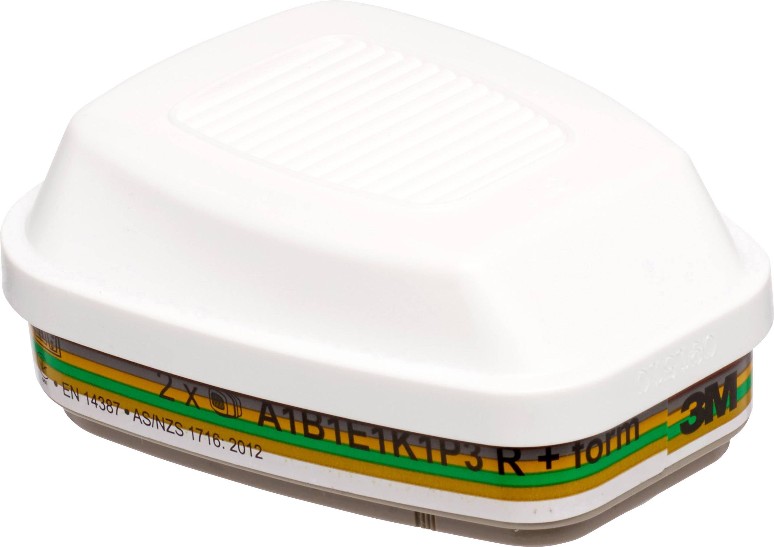 Een witte ademhalingsfilter met gekleurde strepen, gemarkeerd met 'EN 14387'; geschikt voor gebruik in omgevingen met gevaarlijke gassen.