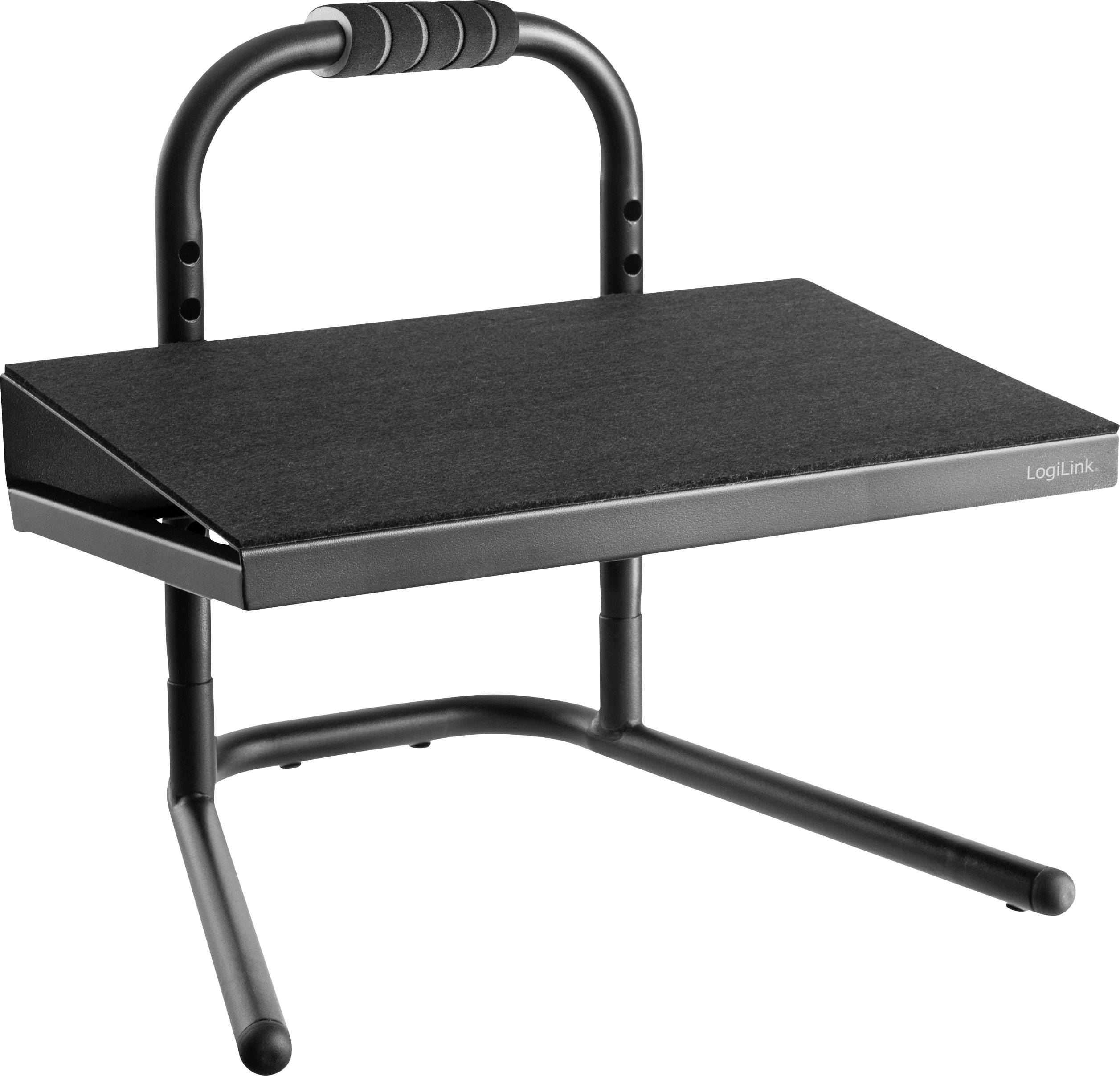 'Zwarte voetensteun van LogiLink' met gewatteerde steunvlak en in hoogte verstelbare poten voor ergonomisch comfort.