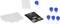 Een RFID-kit met een leesapparaat, vier witte kaarten en zes blauwe hangers.