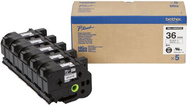 Brother HGe-261V5 Labeltape Set van 5 stuks Tapekleur: Wit Tekstkleur: Zwart 36 mm 8 m