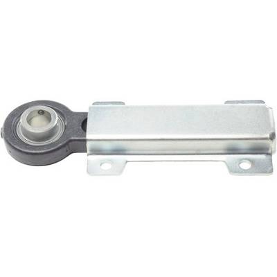 Metalen onderdeel met cilindrisch lager aan de linkerkant en rechthoekige basis aan de rechterkant, mogelijk een machinedeel of component.