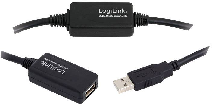 'USB 2.0 verlengkabel van LogiLink, Zwart. Boven: Kabel met opschrift. Onder: Close-up van USB-stekker en -aansluiting.'