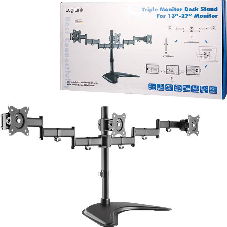 LogiLink BP0051 Monitorvoet Aantal monteerbare displays: 3 Display(s) 33,0 cm (13") - 68,6 cm (27") Zwart Kantelbaar, Zw-3