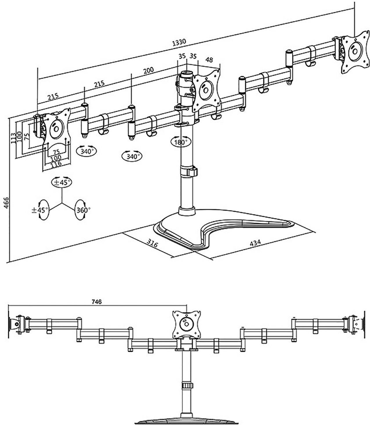 LogiLink BP0051 Monitorvoet Aantal monteerbare displays: 3 Display(s) 33,0 cm (13") - 68,6 cm (27") Zwart Kantelbaar, Zw-5