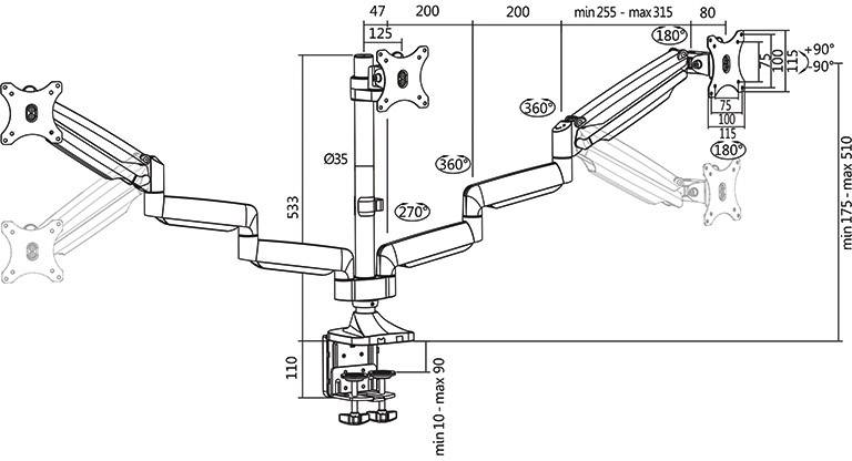 Technische tekening van een verstelbare monitorarm met afmetingen en zwenkbereiken. Geschikt voor twee beeldschermen, met flexibele scharnieren.