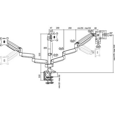 Technische tekening van een verstelbare monitorarm met afmetingen en zwenkbereiken. Geschikt voor twee beeldschermen, met flexibele scharnieren.