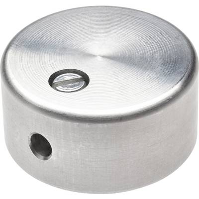 Een zilveren, rond metalen beslag met een verzonken schroef en een gat aan de zijkant, waarschijnlijk onderdeel van een meubelmontageset.