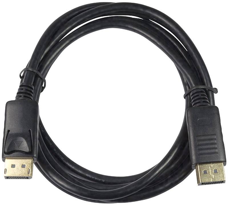 Zwart DisplayPort-kabel met twee aansluitingen, geschikt voor het verbinden van een monitor met een computer voor hoogwaardige video-overdracht.