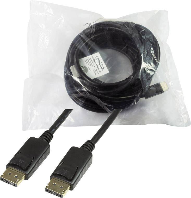Een DisplayPort-kabel in een transparante plastic zak. De uiteinden van de kabel zijn zichtbaar, met mannelijke stekkeraansluitingen.