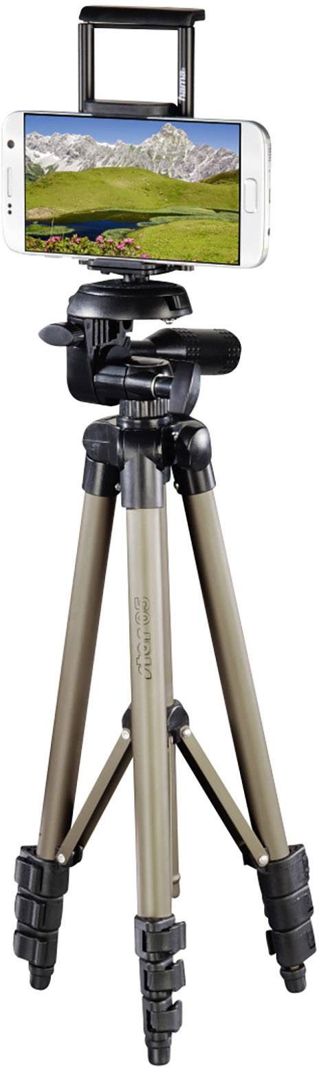 Smartphone, gemonteerd op een statief, toont een landschap met bergen en een blauwe lucht. Ideaal voor stabiele foto- en video-opnames.