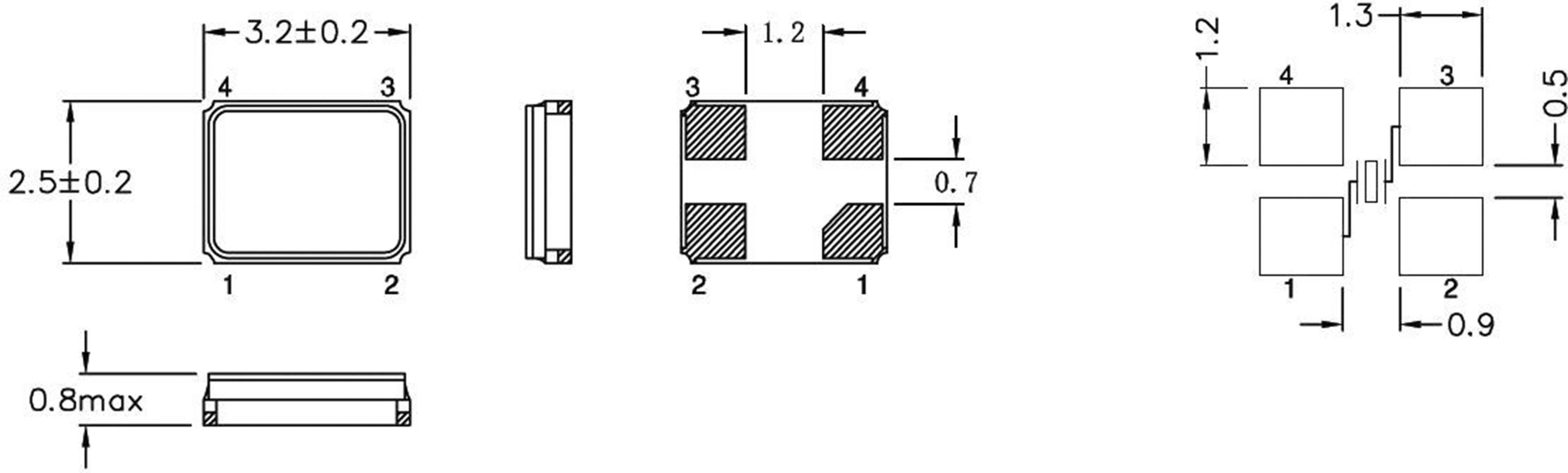 Technische tekening van een component met afmetingen en labels: 3,2x2,5 mm formaat, pinnen genummerd van 1 tot 4, hoogte 0,8 mm.