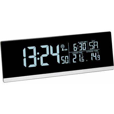 Elektronische digitale klok toont 13:24 uur. Datum: Zondag. Alarmtijd: 6:30. Binnentemperatuur: 21,6°C. Buitentemperatuur: 14,9°C.