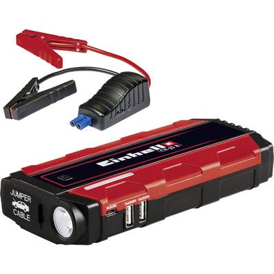 Een rode en zwarte auto-starthulp met klemmen en USB-aansluitingen. Geschikt voor het starten van voertuigaccu's.