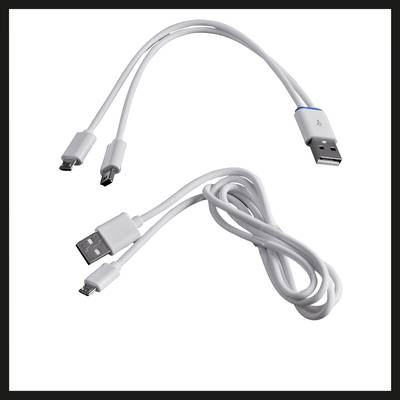 Twee USB-kabels, een met een blauwe USB-stekker, de andere opgerold met twee verschillende stekkertypen aan één uiteinde.