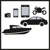 Camera, mobiele telefoon, tablet, motor, auto en boot in zwarte silhouet op witte achtergrond. Symbolen voor verschillende transport- en communicatiemiddelen.