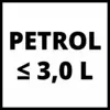 'BENZINE ≤ 3,0 L' staat in een zwart kader op een witte achtergrond, waarschijnlijk als aanduiding voor een beperking van de hoeveelheid benzine.