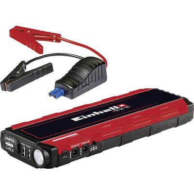 Een draagbare auto-accustarter met accuklemmen, USB-poorten en ingebouwde lamp, ideaal voor noodstarts onderweg.
