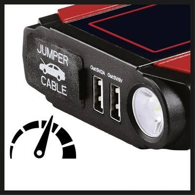 Draagbare startkabel met twee USB-poorten, zaklamp en opschrift 'Jumper Cable'.