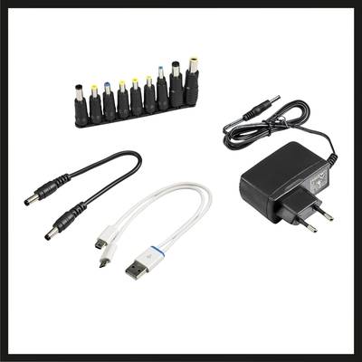 Een oplader met verschillende adapters, een stroomkabel en twee USB-kabels, geschikt voor verschillende elektronische apparaten.