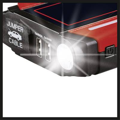 Draagbare Auto-Startaccu in Zwart en Rood met USB-aansluitingen, ingebouwde zaklamp en het label 'Jumper Cable'.