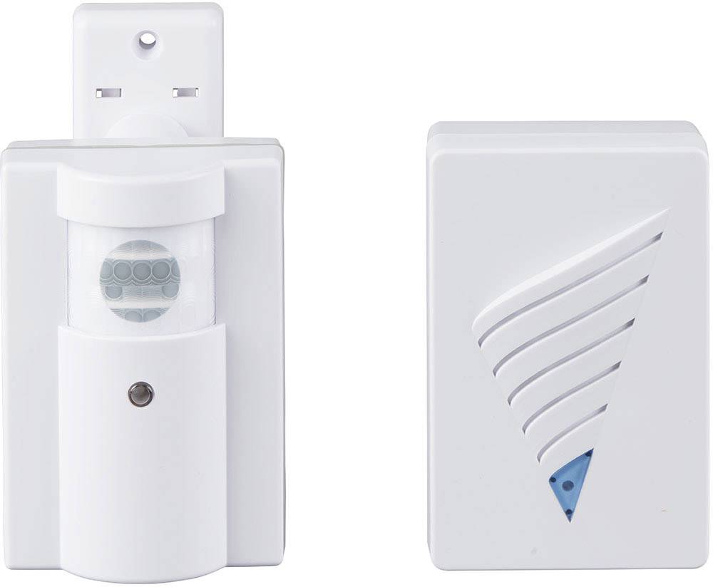 Bewegingsmelder-set in wit: links de sensor met lens, rechts de ontvangsteenheid met decoratief patroon.
