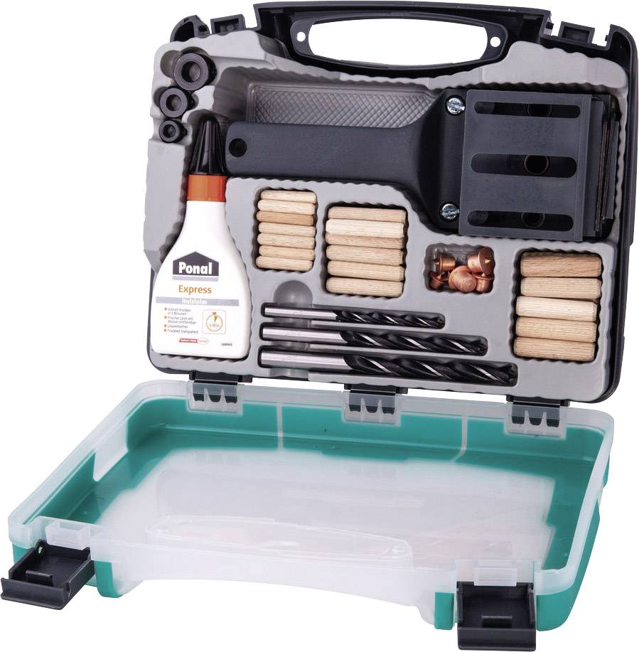 Geopende gereedschapskist met houten pluggen, boren, flesje lijm en afstandhouders.