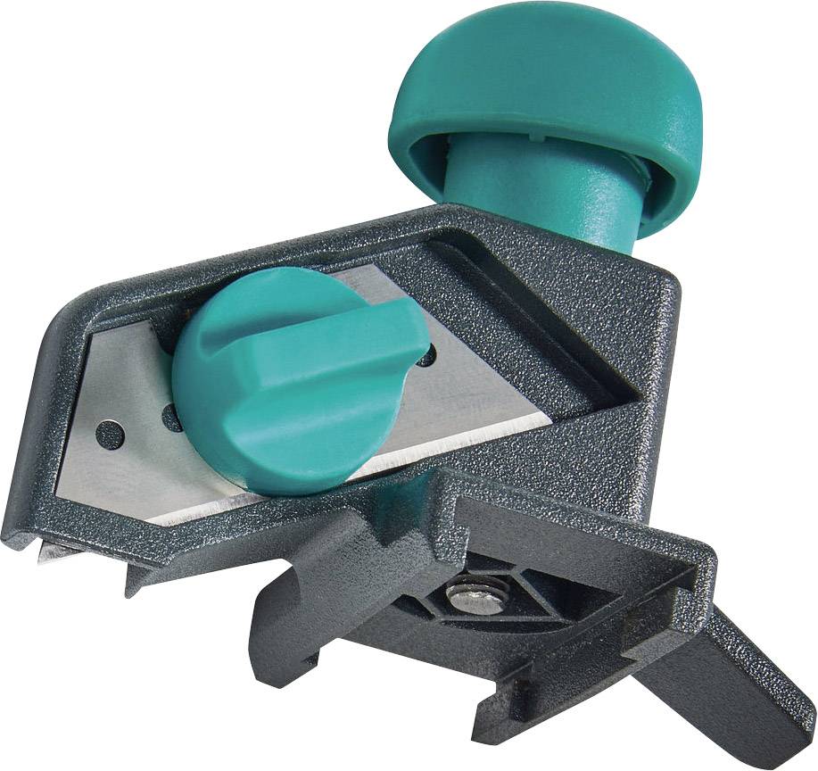 Kunststof handgereedschap met een goed te grijpen, turquoise draaiknop en een mes voor nauwkeurig snijden of afsteken van dun materiaal.