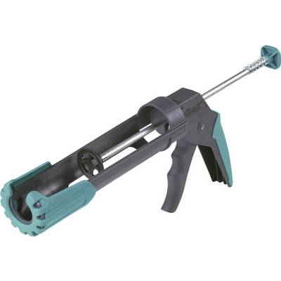 Een lege kitpistool met een grijs en turkoois handvat. Deze wordt gebruikt voor het aanbrengen van kit of lijm.